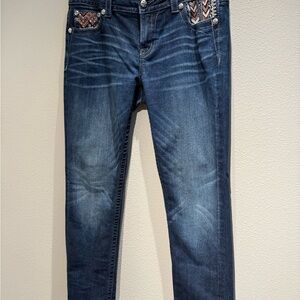 Miss Me Blue Skinny Jeans with Intricate Embroidery